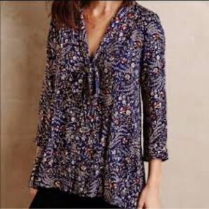 Maeve Anthropologie Boho Floral Swing Bow Blouse Size Large